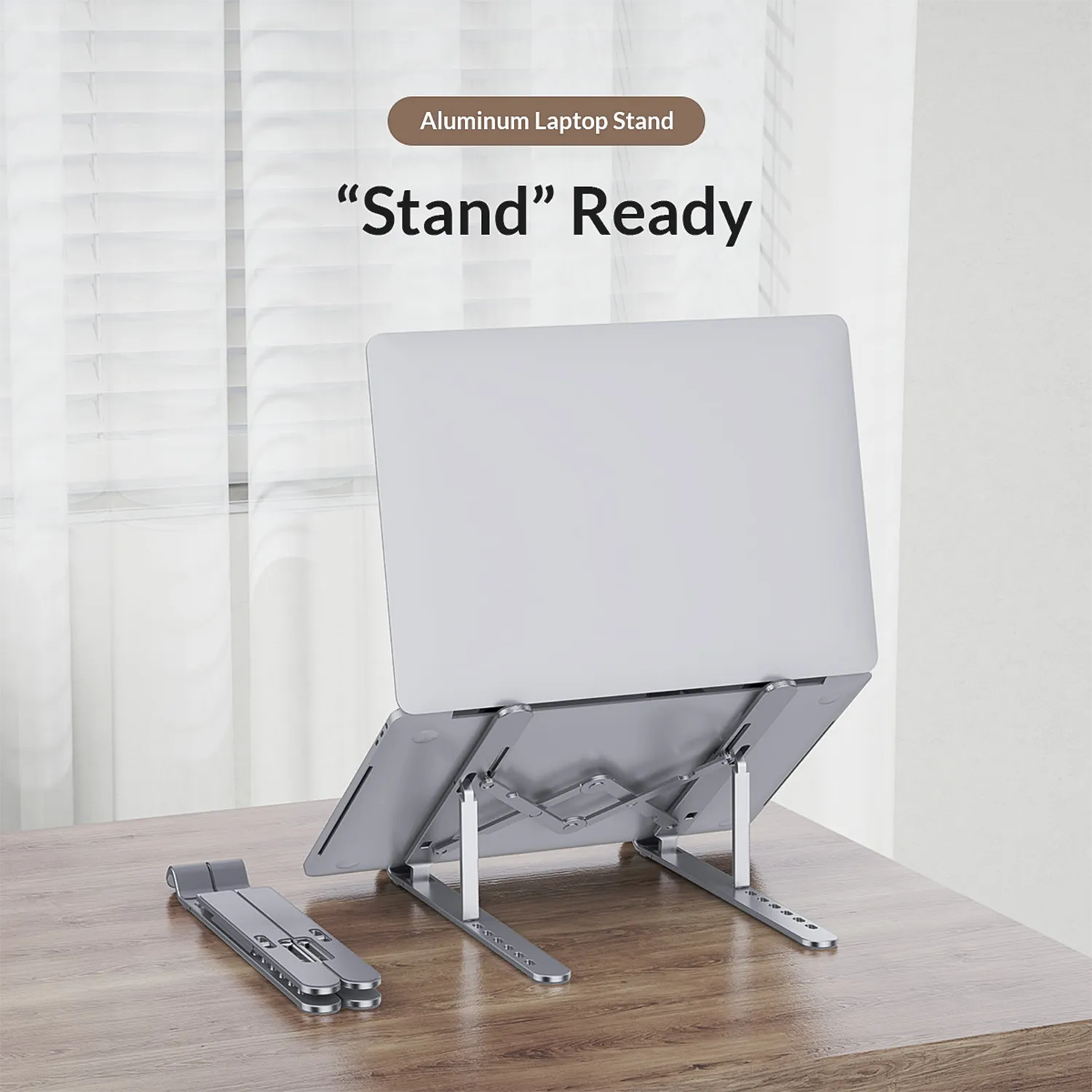ORICO silver laptop stand hero image with aluminum alloy frame and silicone pads