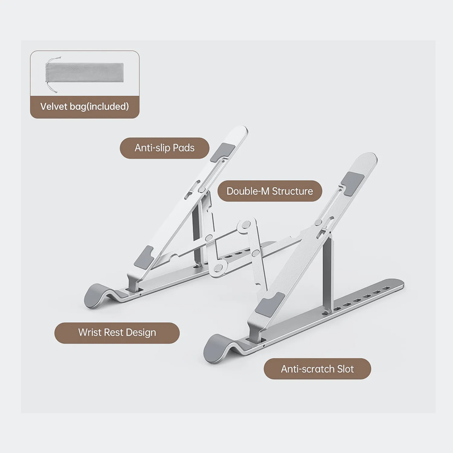 Side profile of ORICO silver laptop stand on a desk