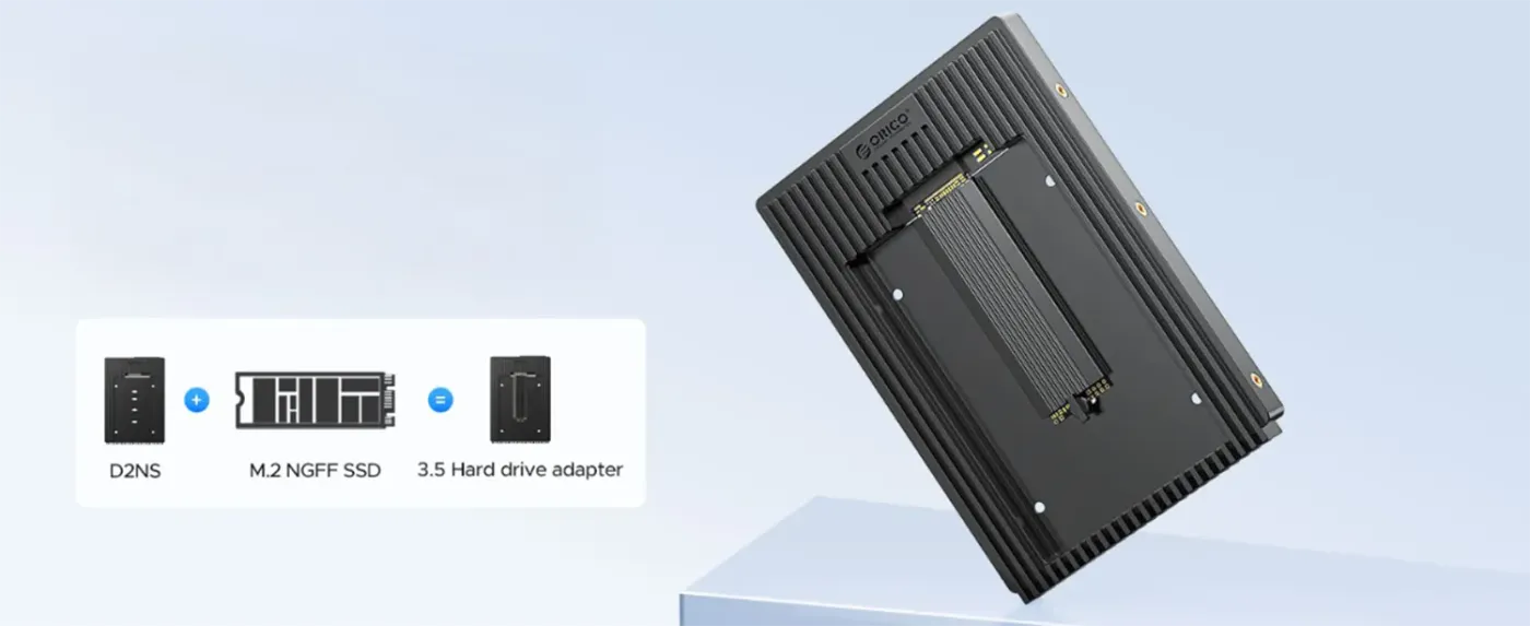 ORICO M.2 SATA to 3.5-inch adapter showing conversion of compact SSD to desktop size