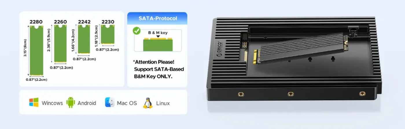 Compatibility chart showing support for M.2 SATA B+M Key sizes 2230 to 2280