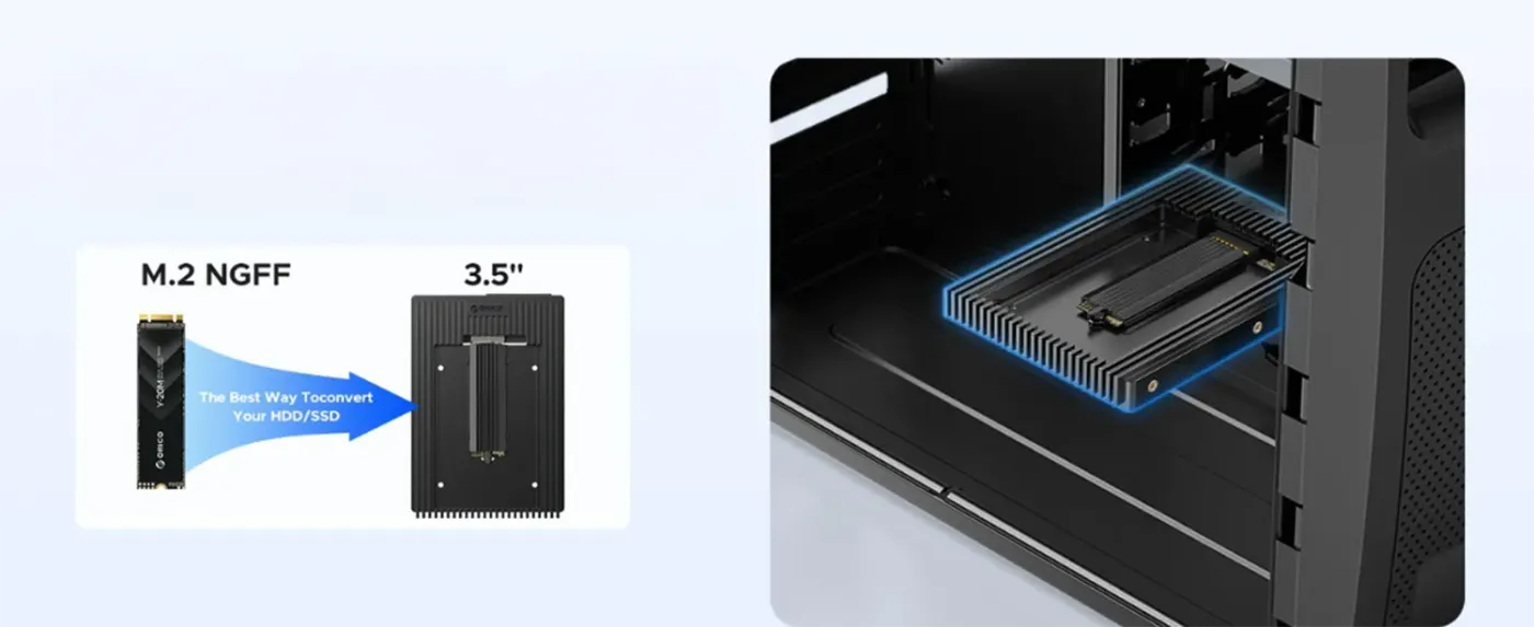 ORICO adapter being installed into a standard computer 3.5-inch SATA drive bay