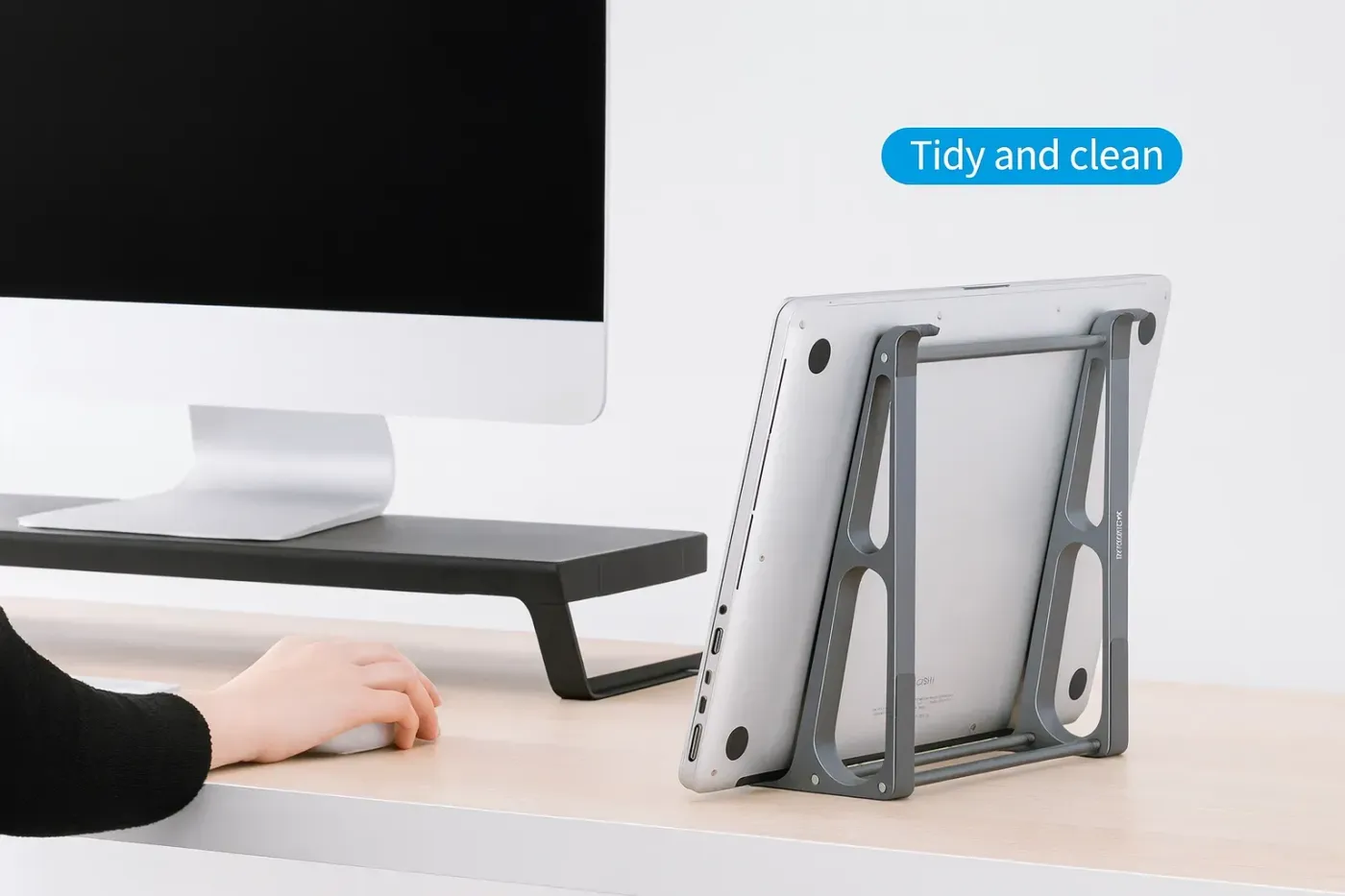Orico MA15 laptop stand shown in a vertical, space-saving position