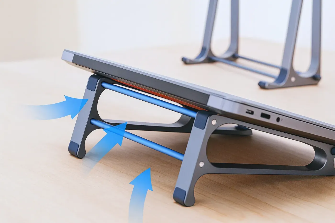 Airflow gap beneath a laptop on the open-frame Orico MA15 stand