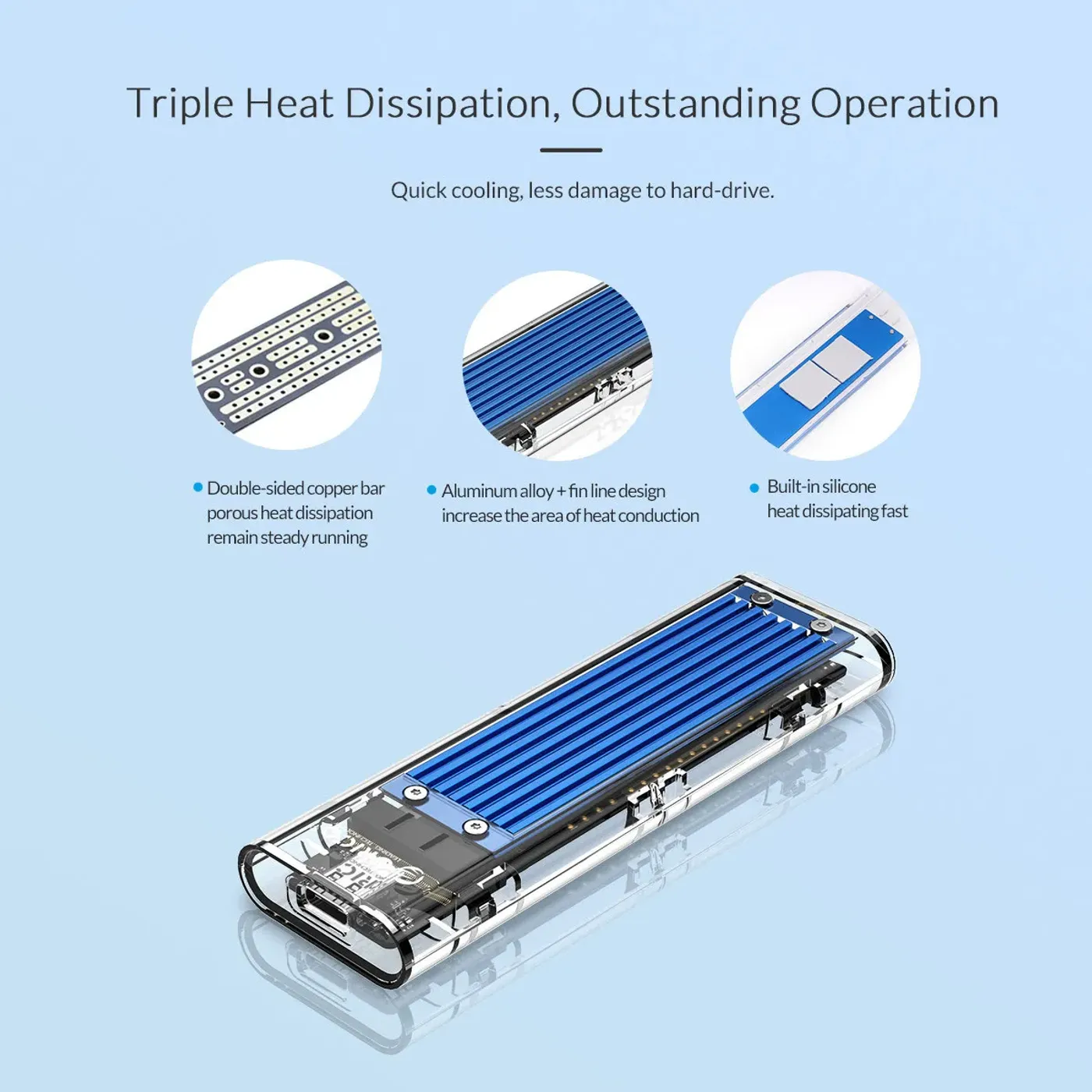 ORICO transparent NVMe enclosure shown on a desk setup