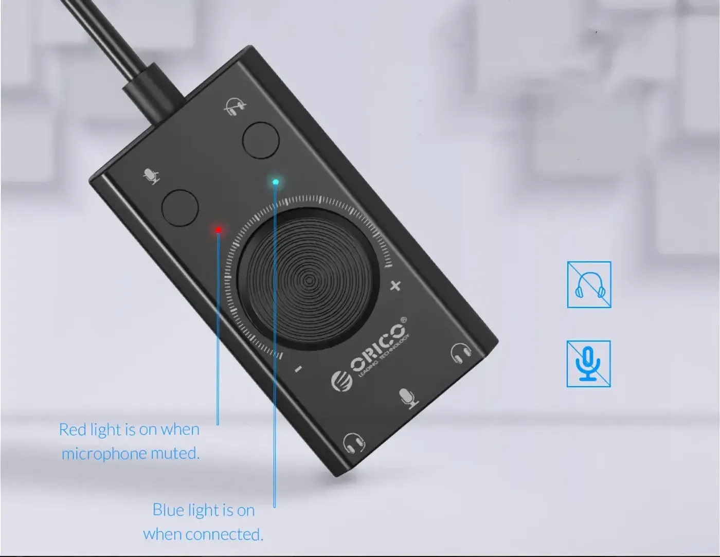 Close up of Orico SC2 mute functionality options for headphones and microphones