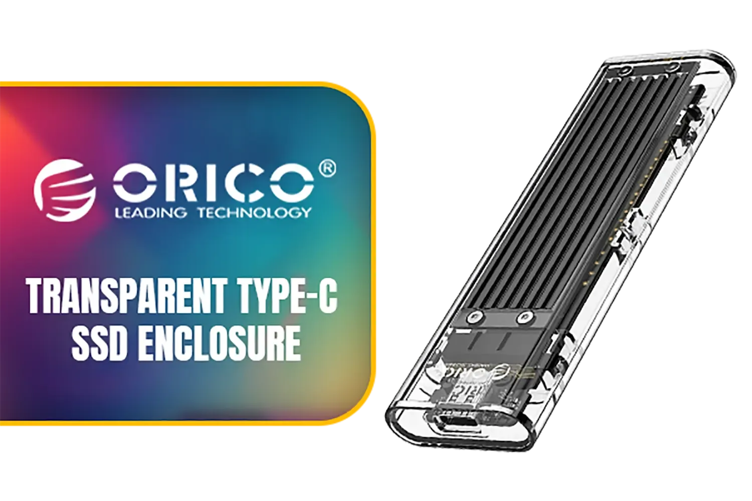 ORICO Transparent Type-C NVMe SSD Enclosure - Black / USB3.1 up to 10Gbps speeds/ Aluminum heatsink for heat dissipation / Supports 2280/2260/2242/2230 PCI-E M2 M-Keys / ORICO-TCM2-C3-BK-BP-HW