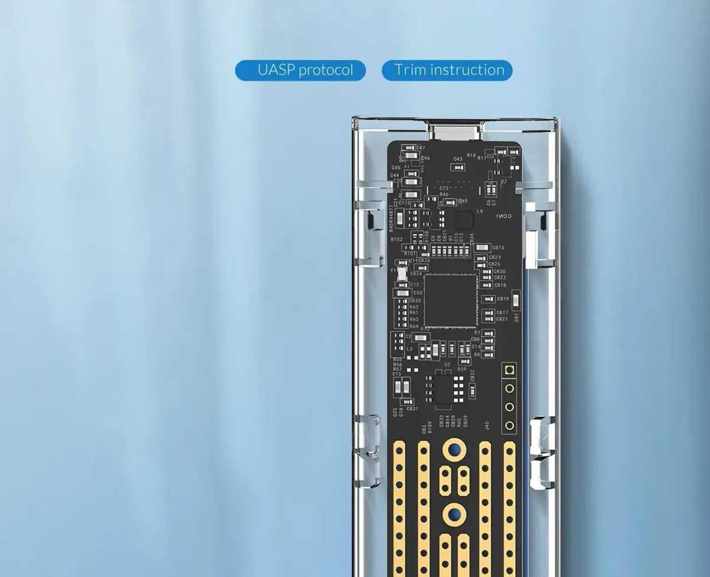ORICO transparent enclosure with an M.2 SSD visible inside