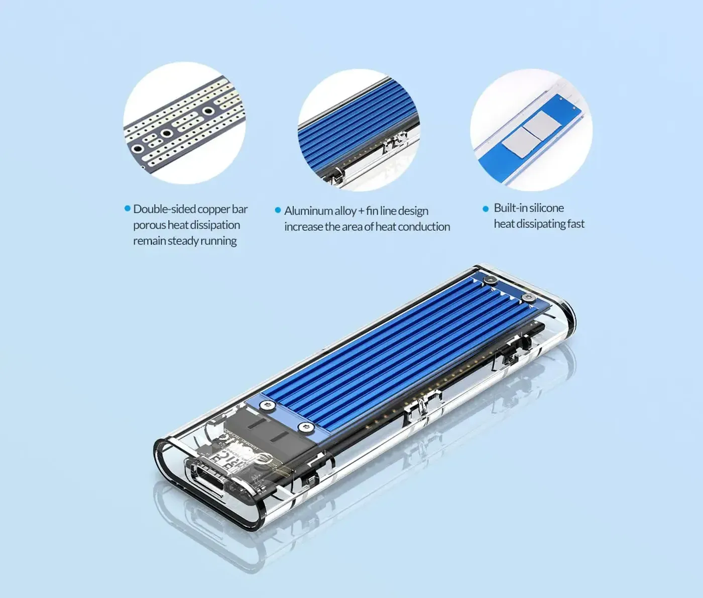 Compact ORICO transparent Type-C NVMe enclosure shown for scale
