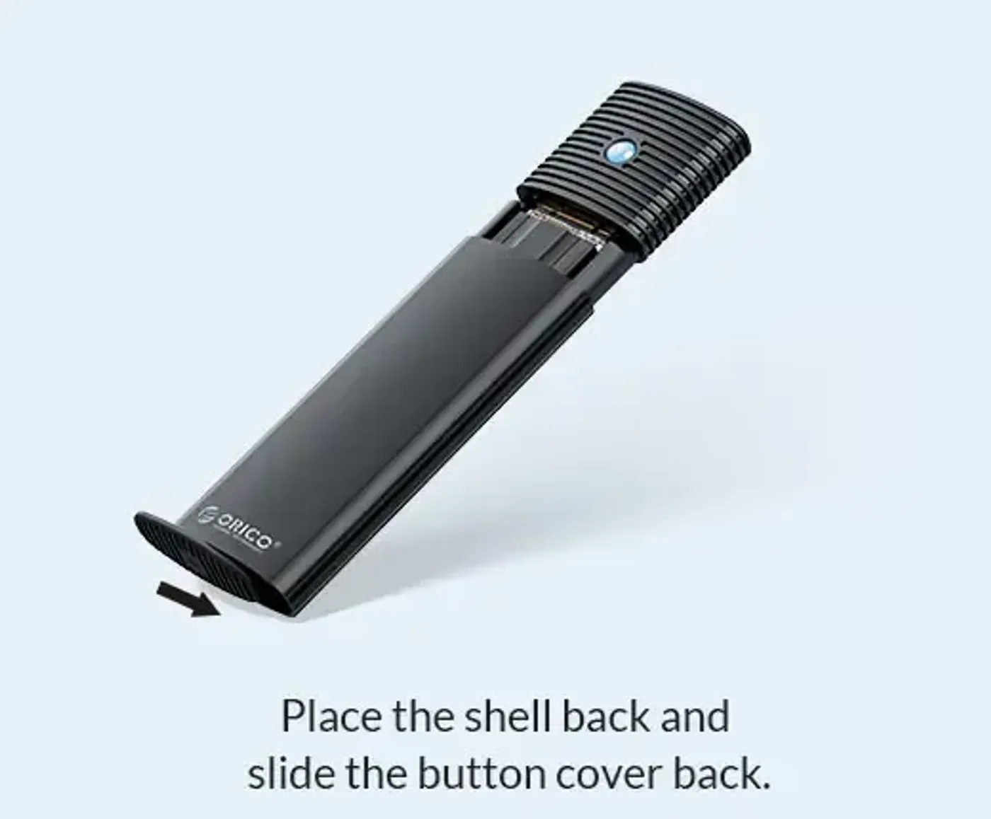 Lightweight aluminium ORICO NVMe enclosure shown close up