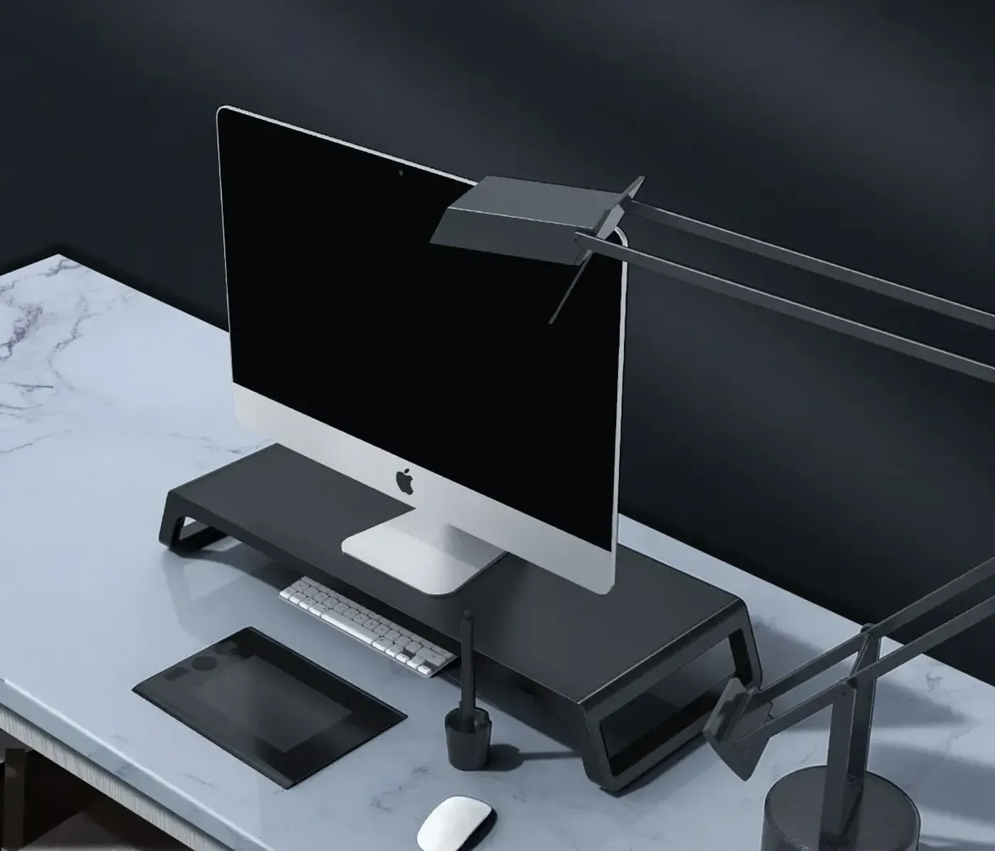 Orico wooden monitor stand in black raising a screen on a desk