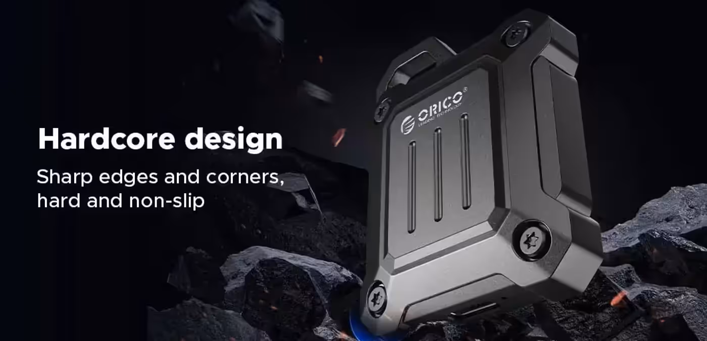 Detailed look at the resilient zinc alloy shell protecting the ORICO XAM2 enclosure
