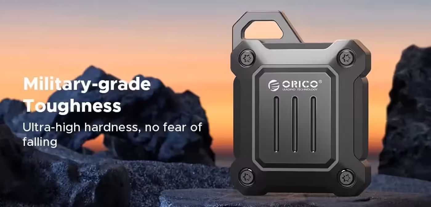 ORICO XAM2 SSD enclosure displayed in a travel-friendly, lightweight format