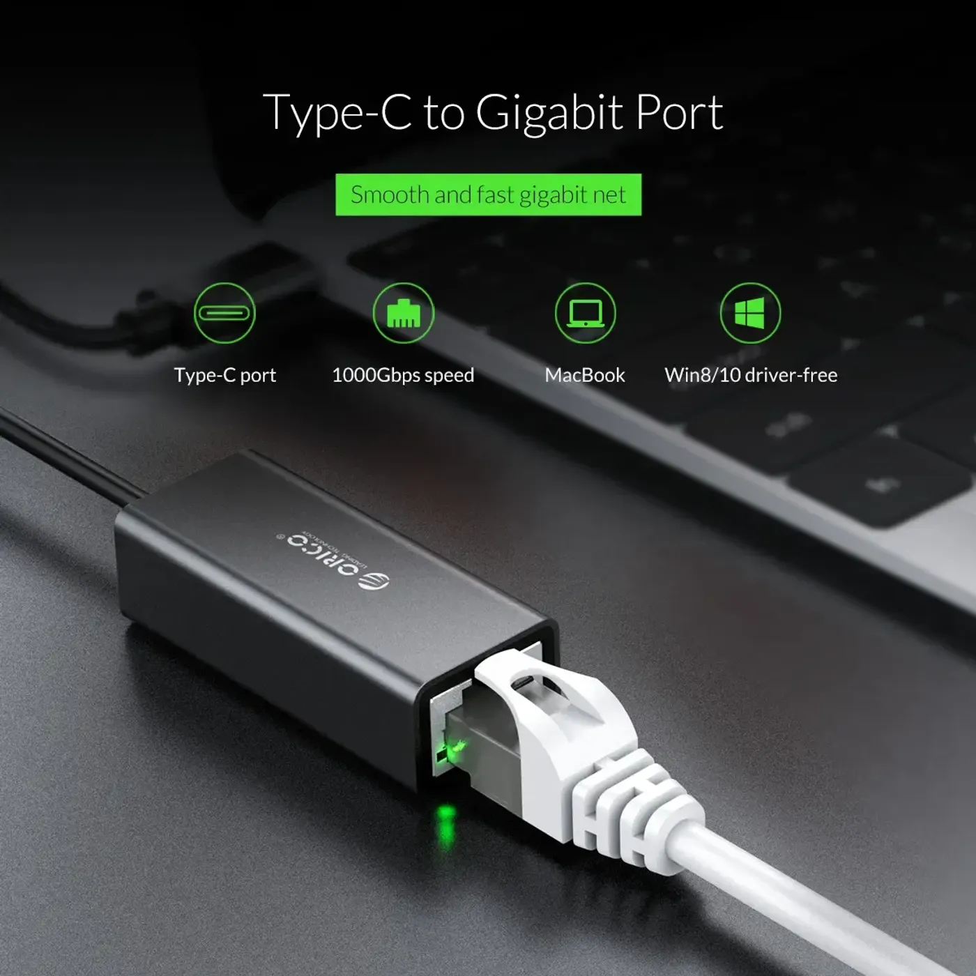 Front view of Orico XC-R45 USB-C Ethernet Adapter for laptops and desktops