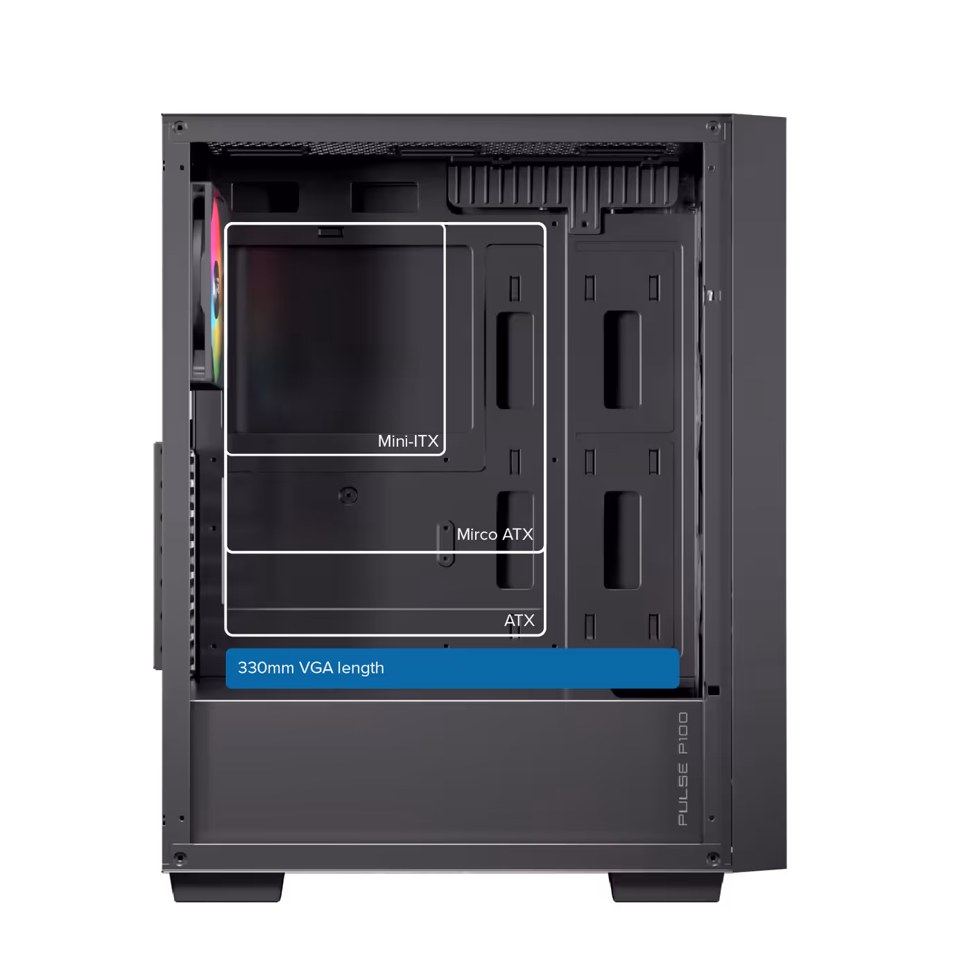 Internal chassis space showing support for various motherboard sizes and component clearances