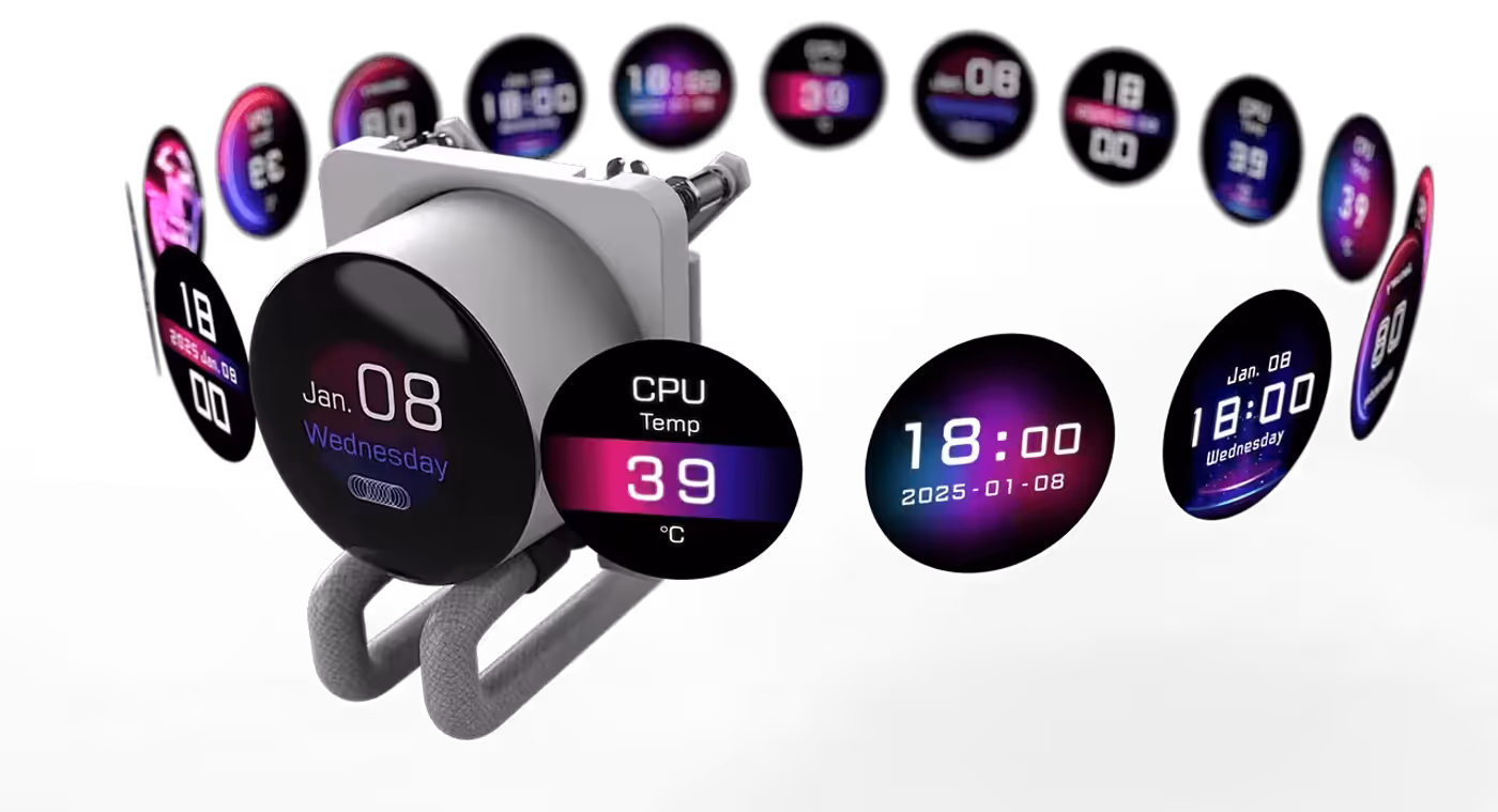 2.1-inch LCD screen showing system monitoring and custom animations