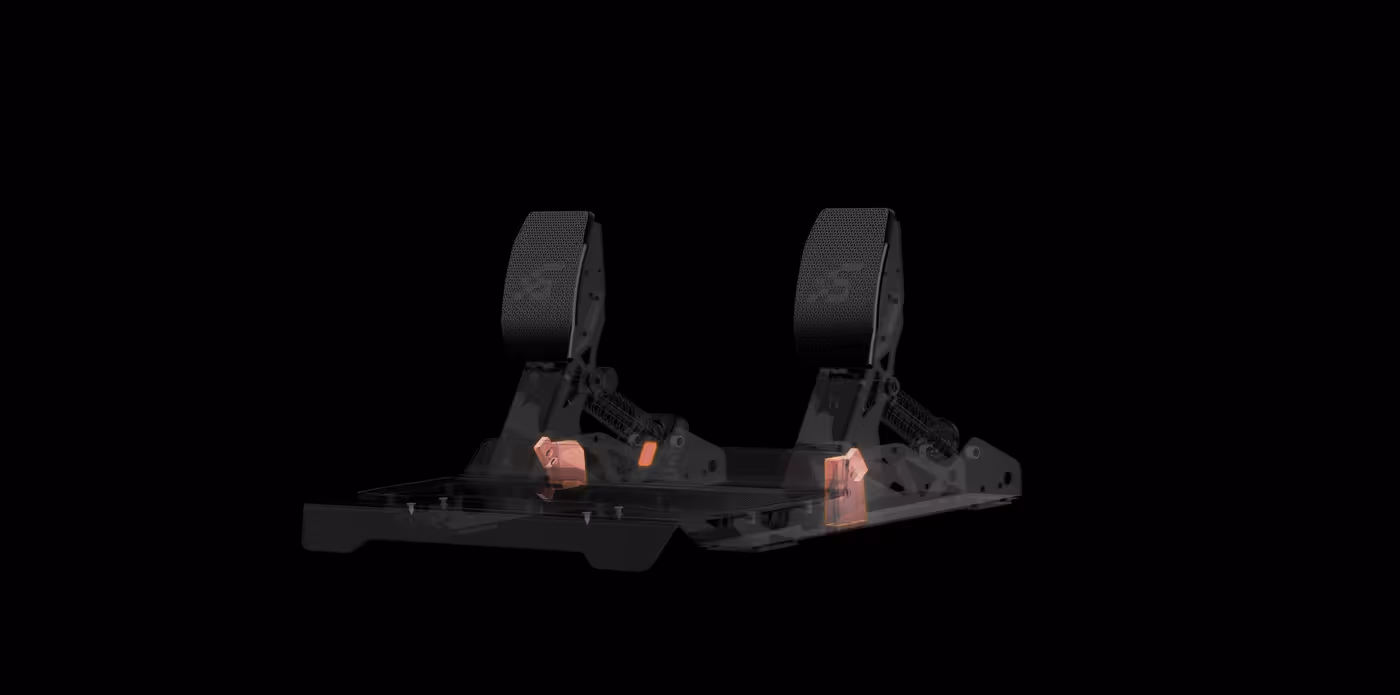 P700 pedal set featuring a dual sensor system with load cell and Hall-effect sensors