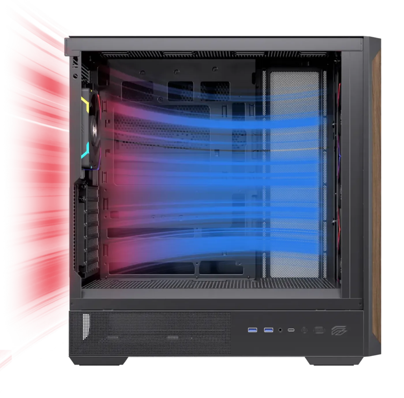 Diagram illustrating the optimized airflow path and fan mounting positions (front, top, bottom, rear) in the PM400 case