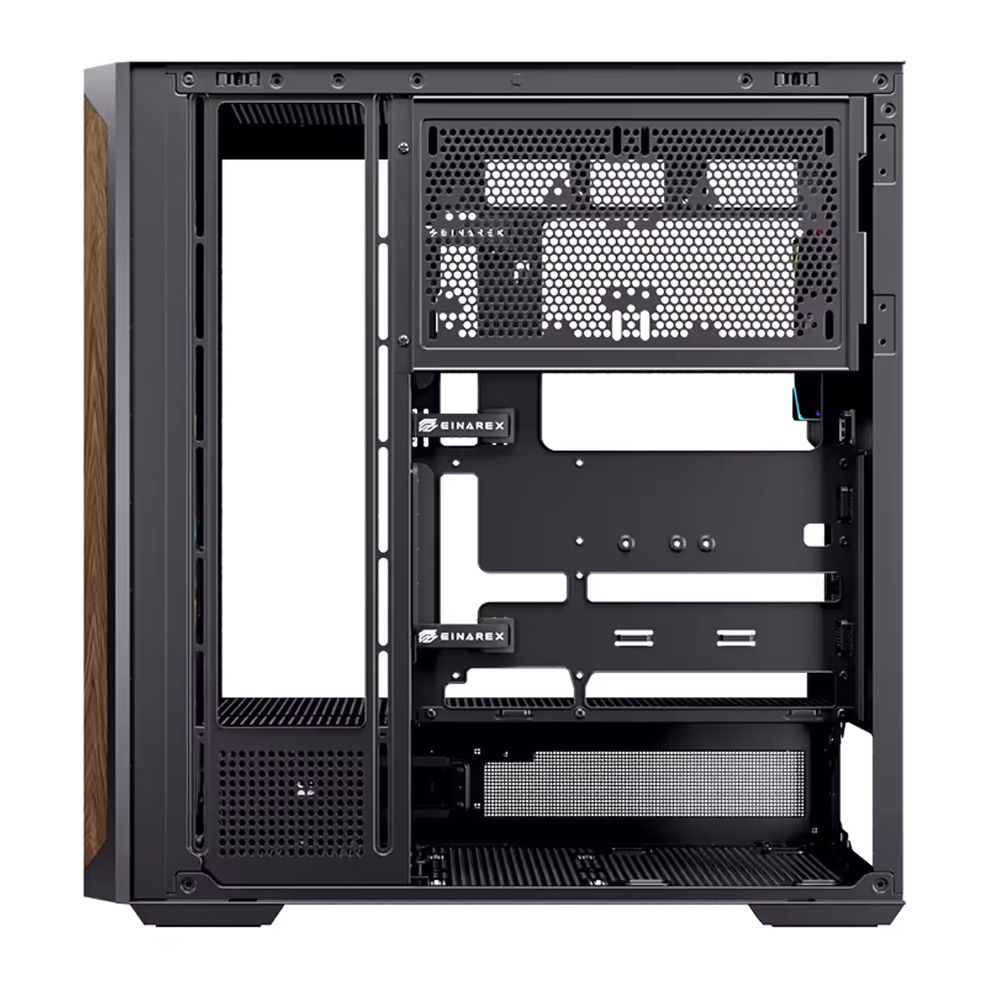 Interior view of the PC case highlighting the tool-free, back-slide tempered glass side panel.