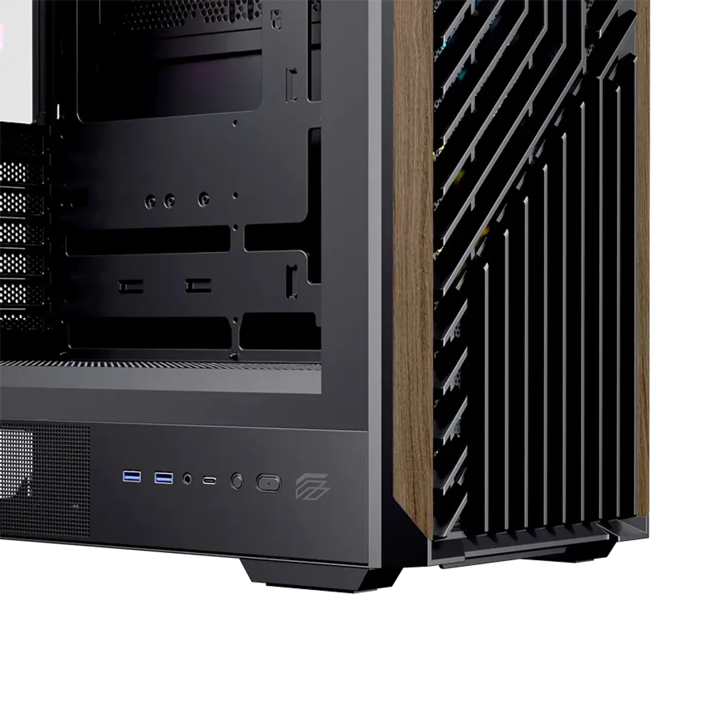 Close-up of the top I/O panel featuring USB 3.0, USB Type-C, and audio combo jack ports.