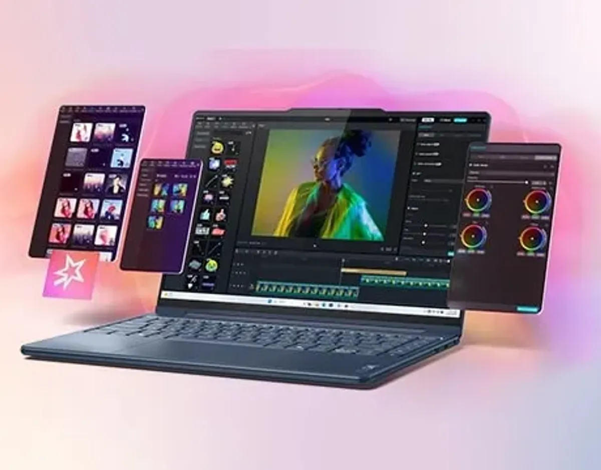 A series of screen interfaces surround and opened Yoga 9i 2-in-1 Gen 10 Aura Edition (14 Intel).