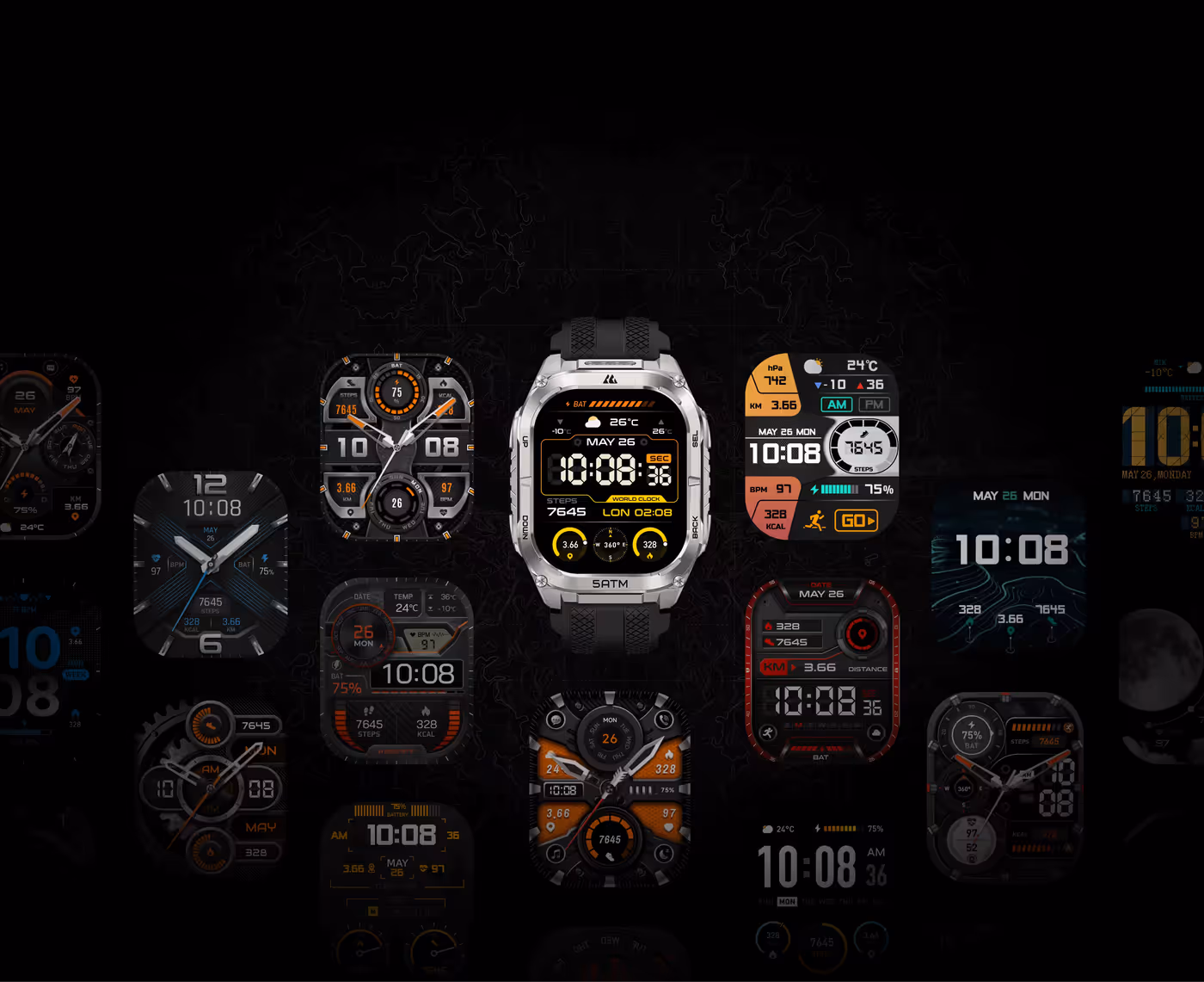 Variety of customizable watch face themes on the KOSPET TANK M4C