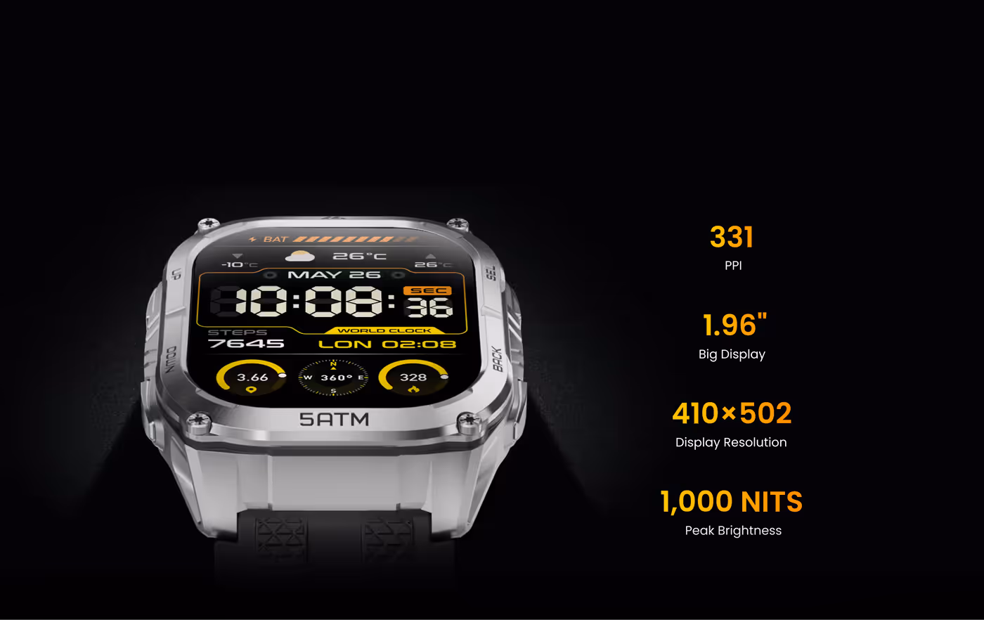 1.96-inch AMOLED display with 1,000 nits brightness