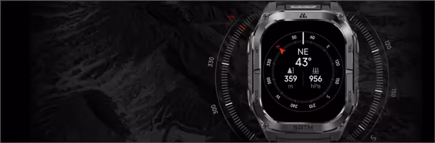 Digital compass interface showing direction and environmental data