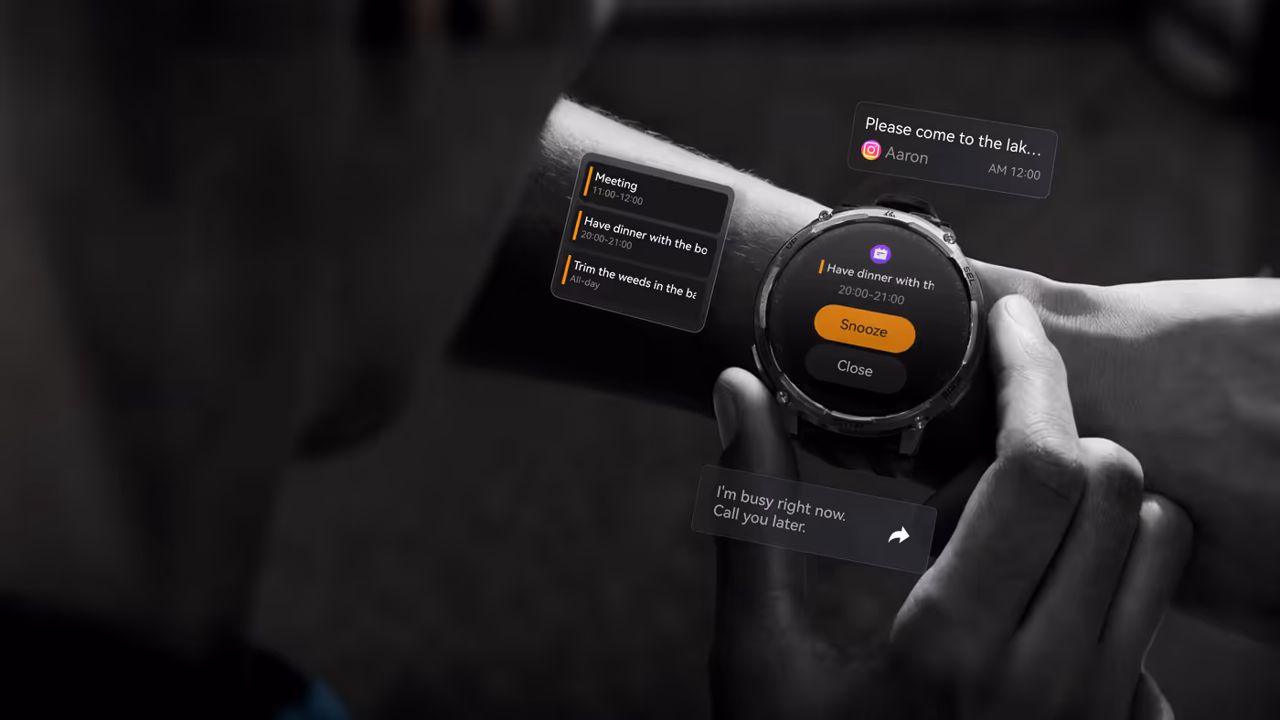 Smartwatch displaying real-time call and message notifications on the wrist