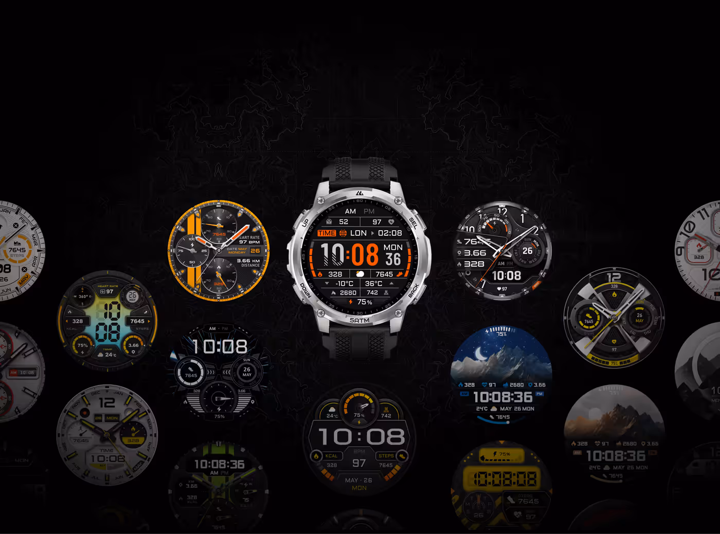 Smartwatch screen showcasing customizable watch face designs and widgets
