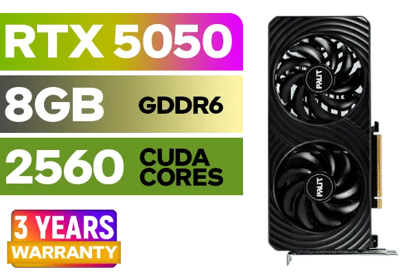 Palit GeForce RTX™ 5050 DUAL Graphics Card / 8GB GDDR6 / 2560 Cuda Cores / 128-bit Memory Interface / Boost Clock : 2572  MHz / PCI Express® Gen 5 / NE65050019P1-GB2070D 
