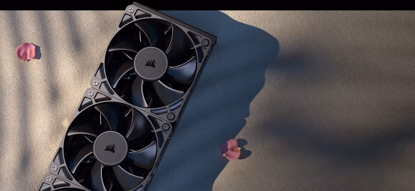CORSAIR RS fans with AirGuide technology providing focused airflow through radiator