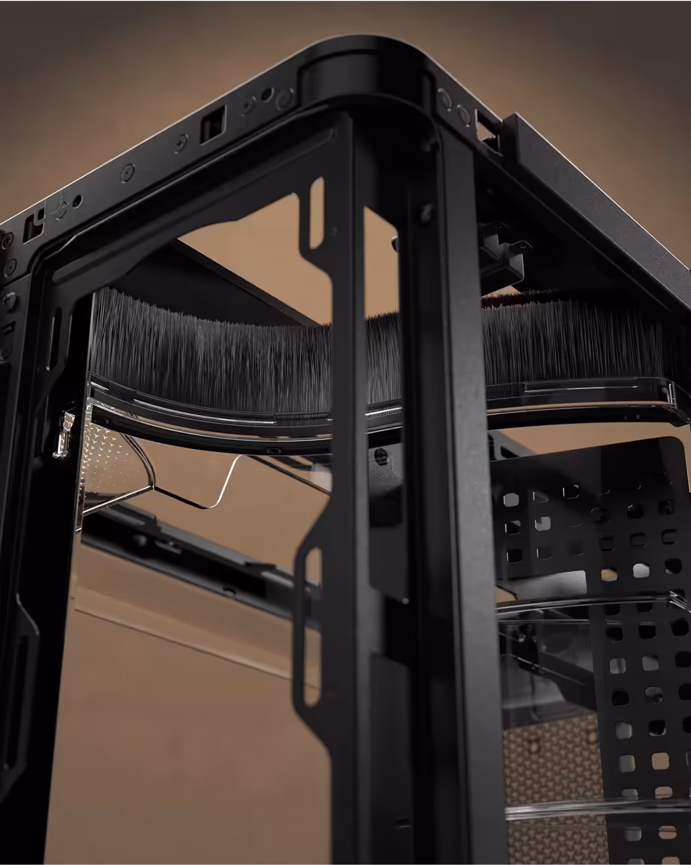 Nylon brush cable management system maintaining clean aesthetics between chambers