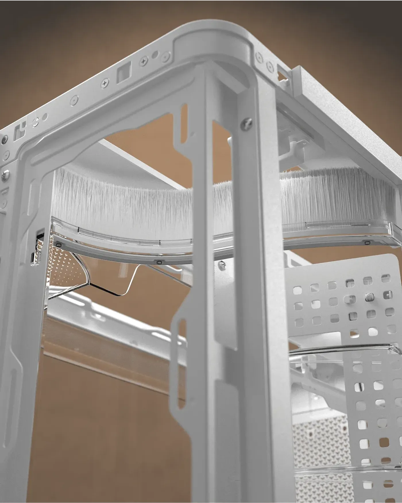Cable management system with nylon brushes separating chambers for clean routing