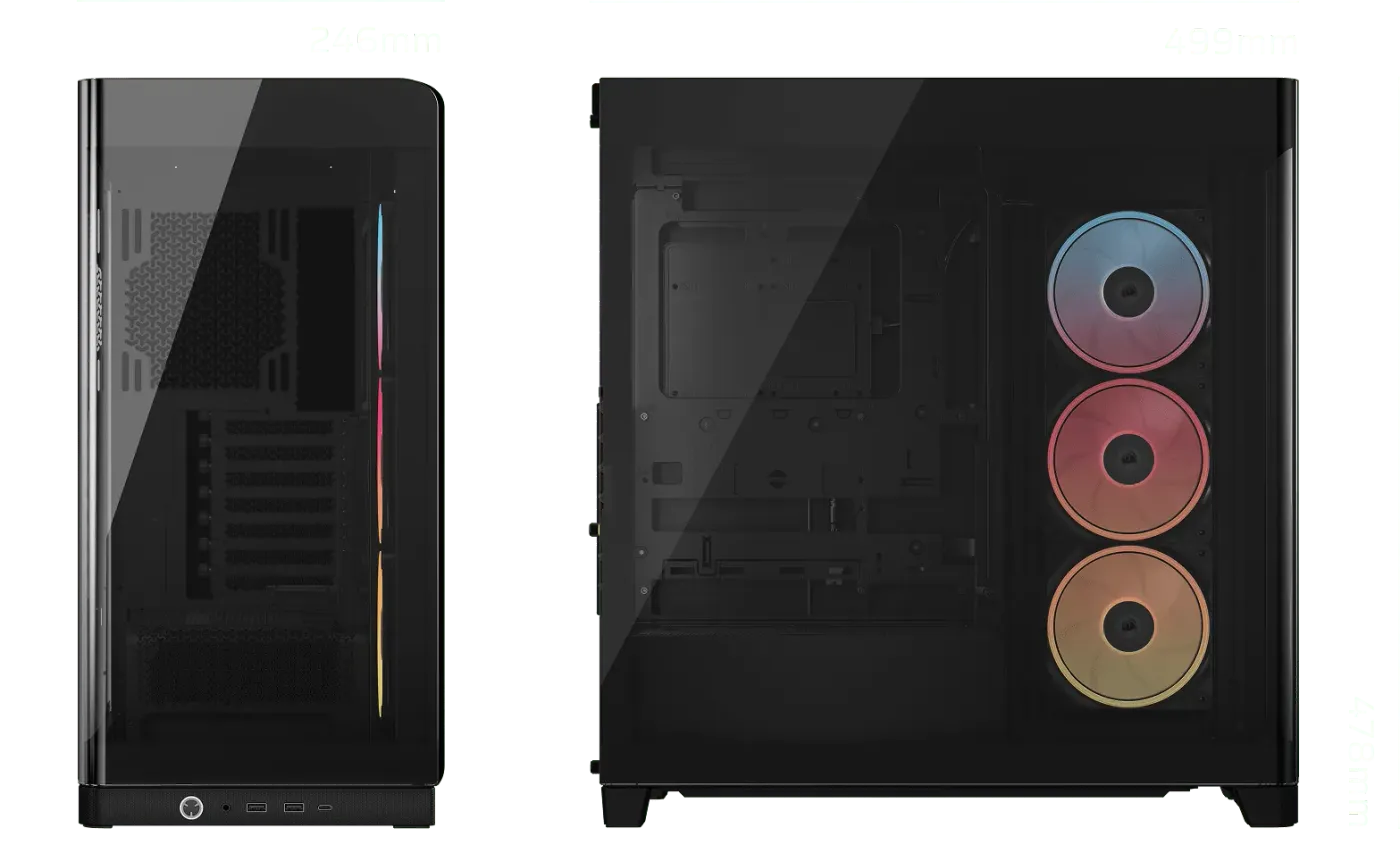 Case dimensions and cooling capacity diagram showing fan positions