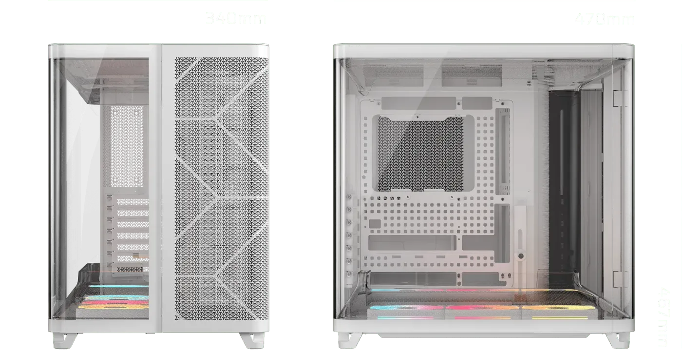 Chassis dimensions showing ample space for 360mm AIO cooler and fan placement