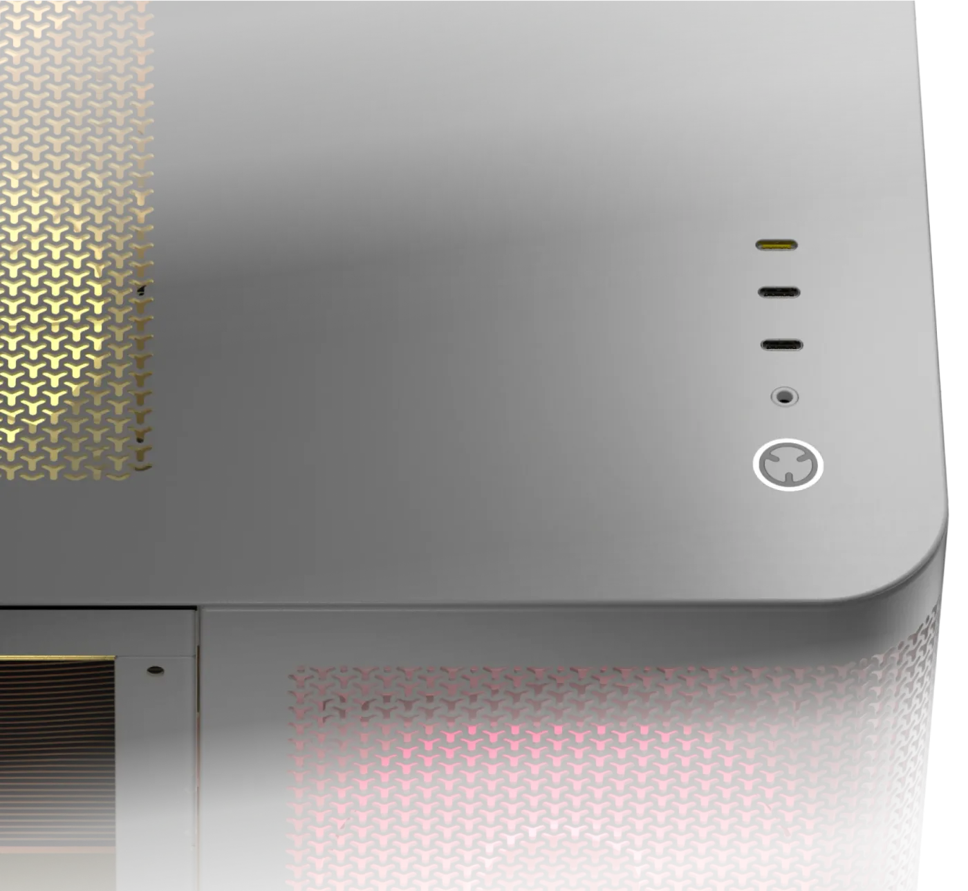 Front panel I/O with USB Type-C ports, audio jack, and power button