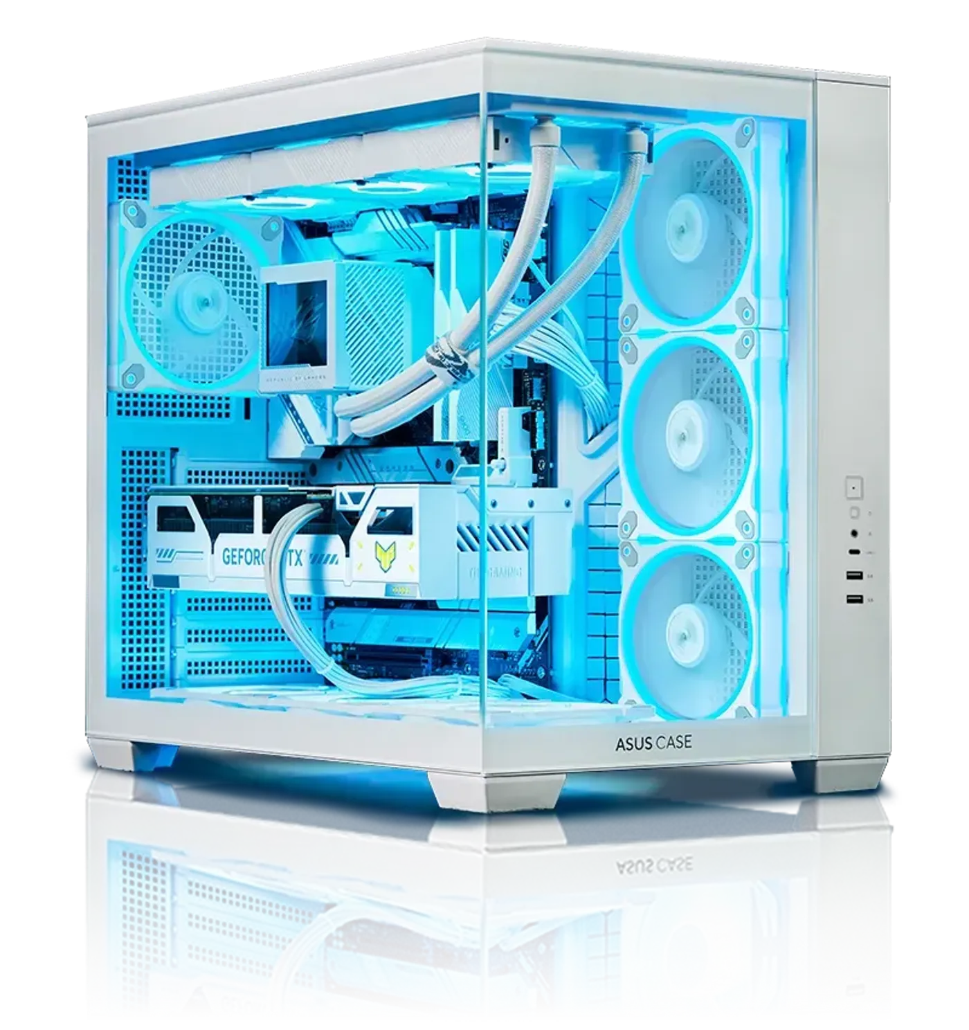 White gaming PC with glowing blue LED fans inside a transparent ASUS A32 PLUS case. Visible components include a GeForce RTX 50 Series graphics card and AIO cooler