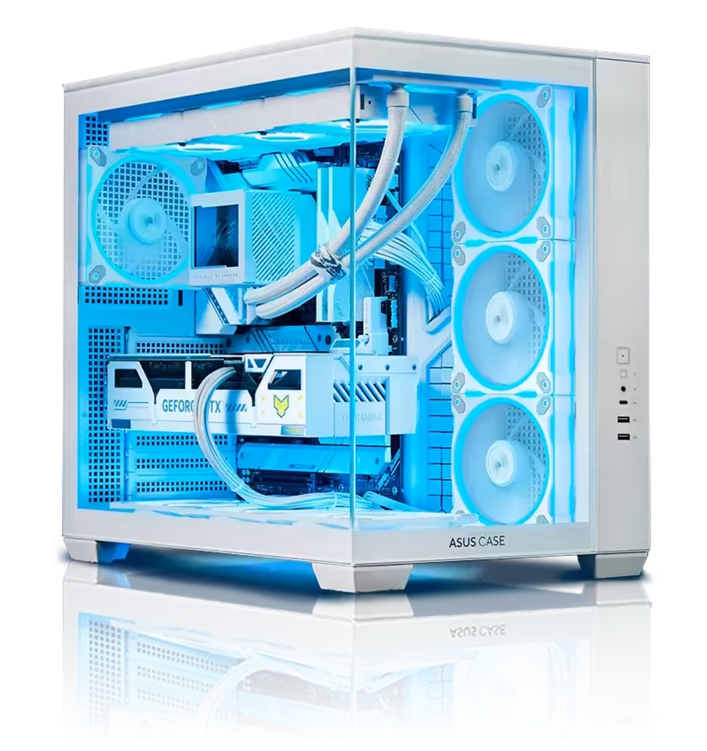 White gaming PC with glowing blue LED fans inside a transparent ASUS A32 PLUS case. Visible components include a GeForce RTX 50 Series graphics card and AIO cooler