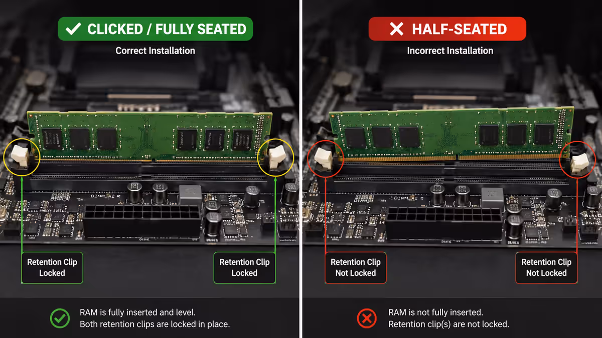 RAM clip clicked vs half-seated — side-by-side showing two DIMM slots