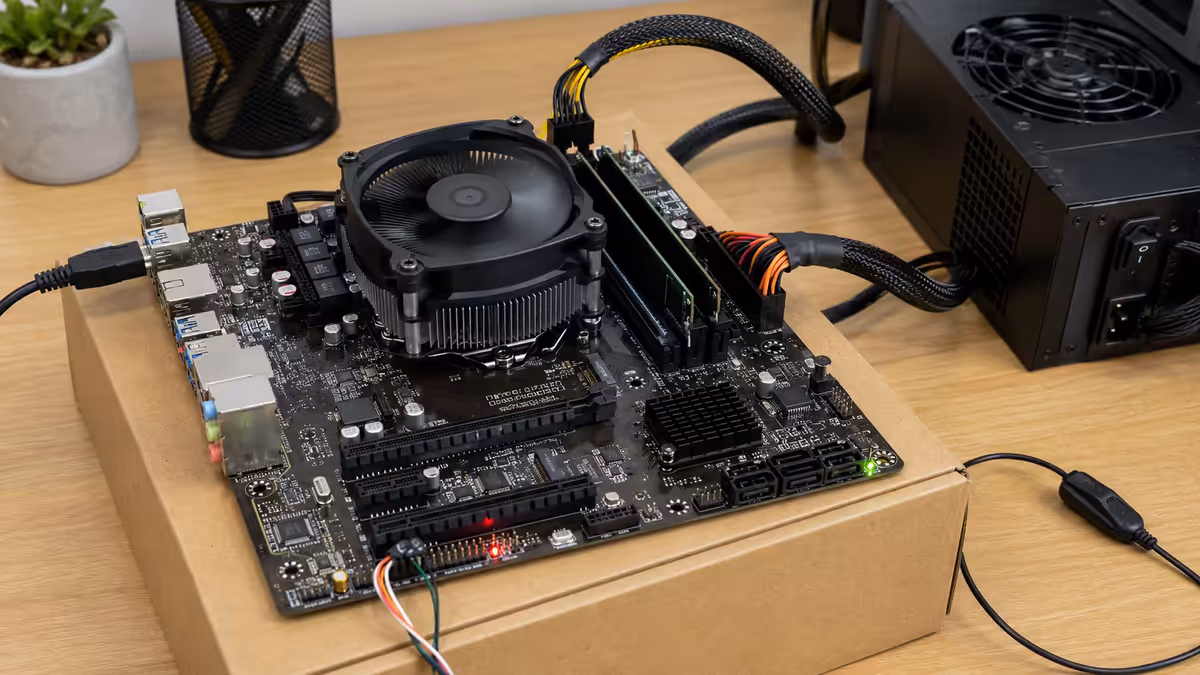 Motherboard bench-test on cardboard