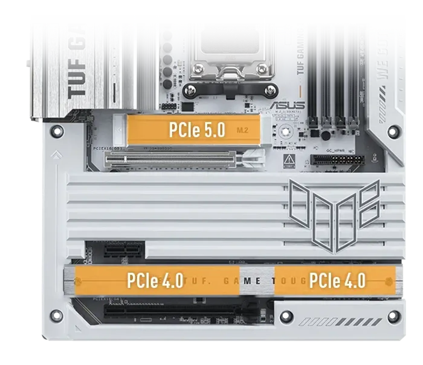 TUF GAMING B850-BTF WIFI W with two highlighted PCIe slots labeled PCIe 5.0 and one labeled PCIe 4.0. The slots are emphasized in orange.
