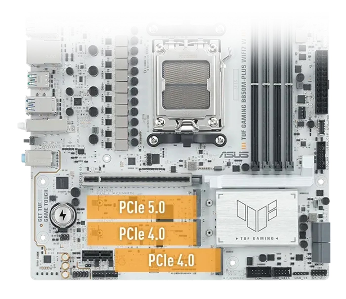 TUF GAMING B850M-PLUS WIFI7 W with two highlighted PCIe slots labeled PCIe 5.0 and one labeled PCIe 4.0. The slots are emphasized in orange.