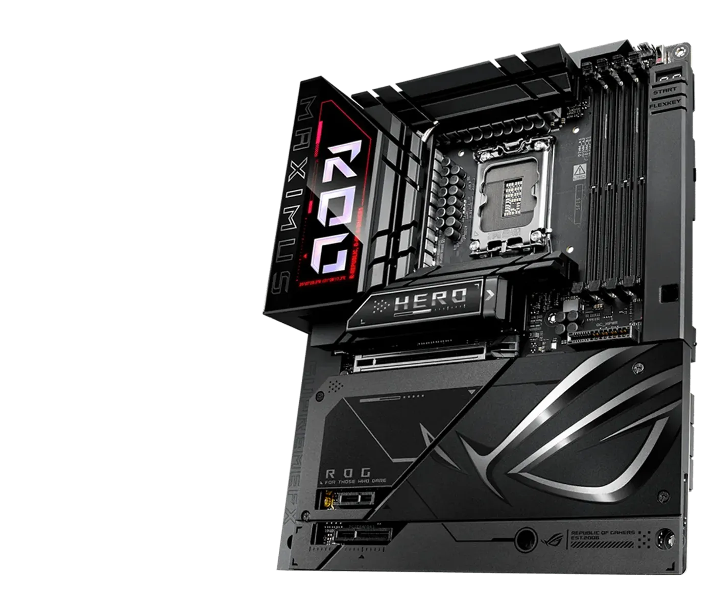 The ROG Maximus Z890 Hero BTF left sided angle