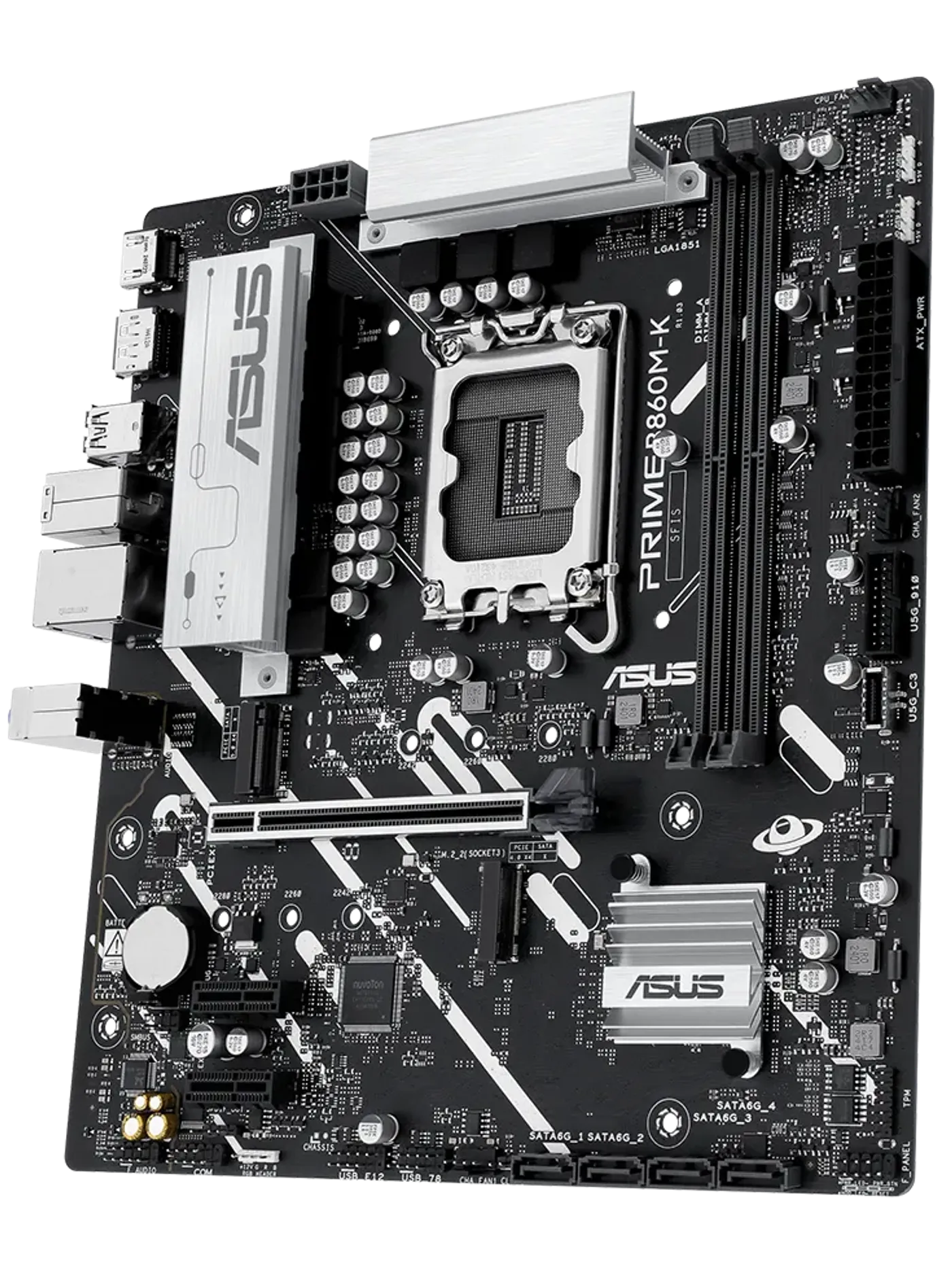 PRIME B860M-K motherboard front view, floating in space.