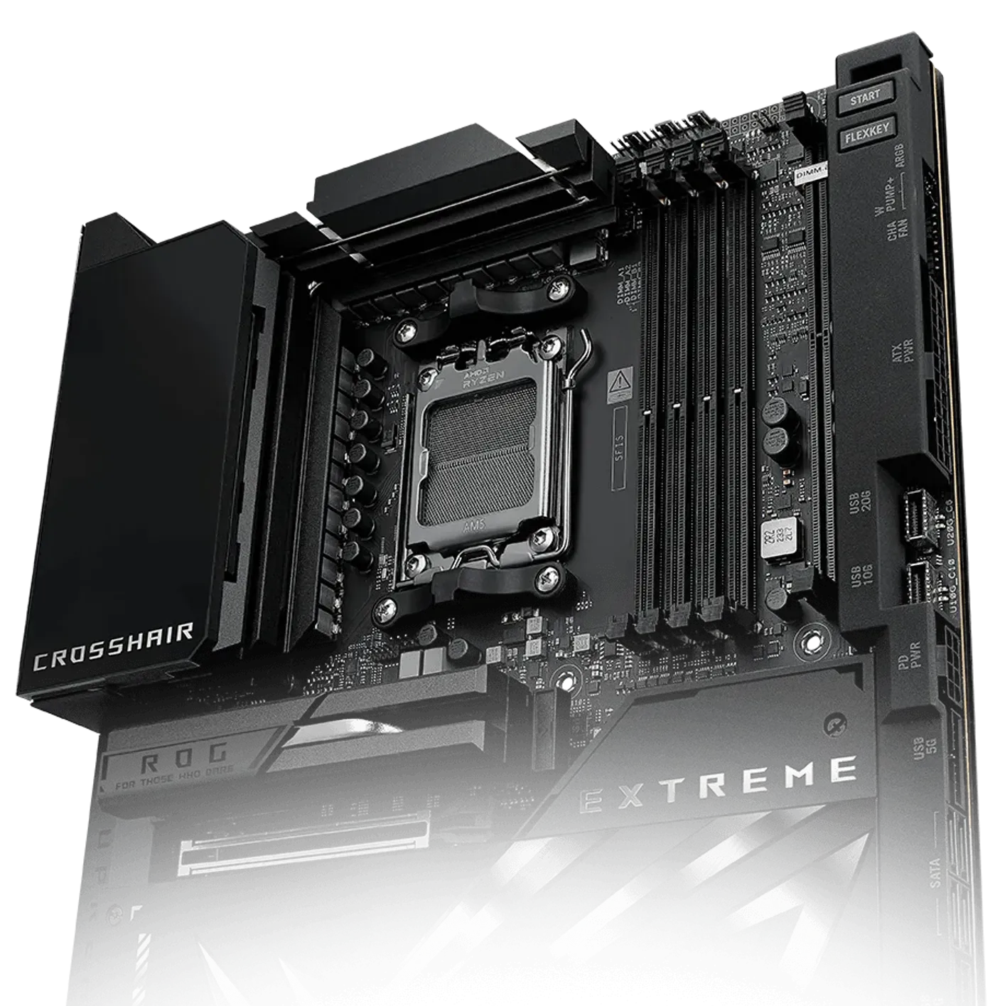 The ROG Crosshair X870E Extreme left sided angle