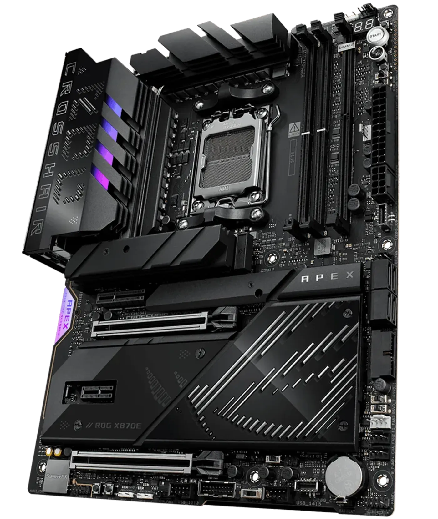 The ROG Crosshair X870E Apex left sided angle