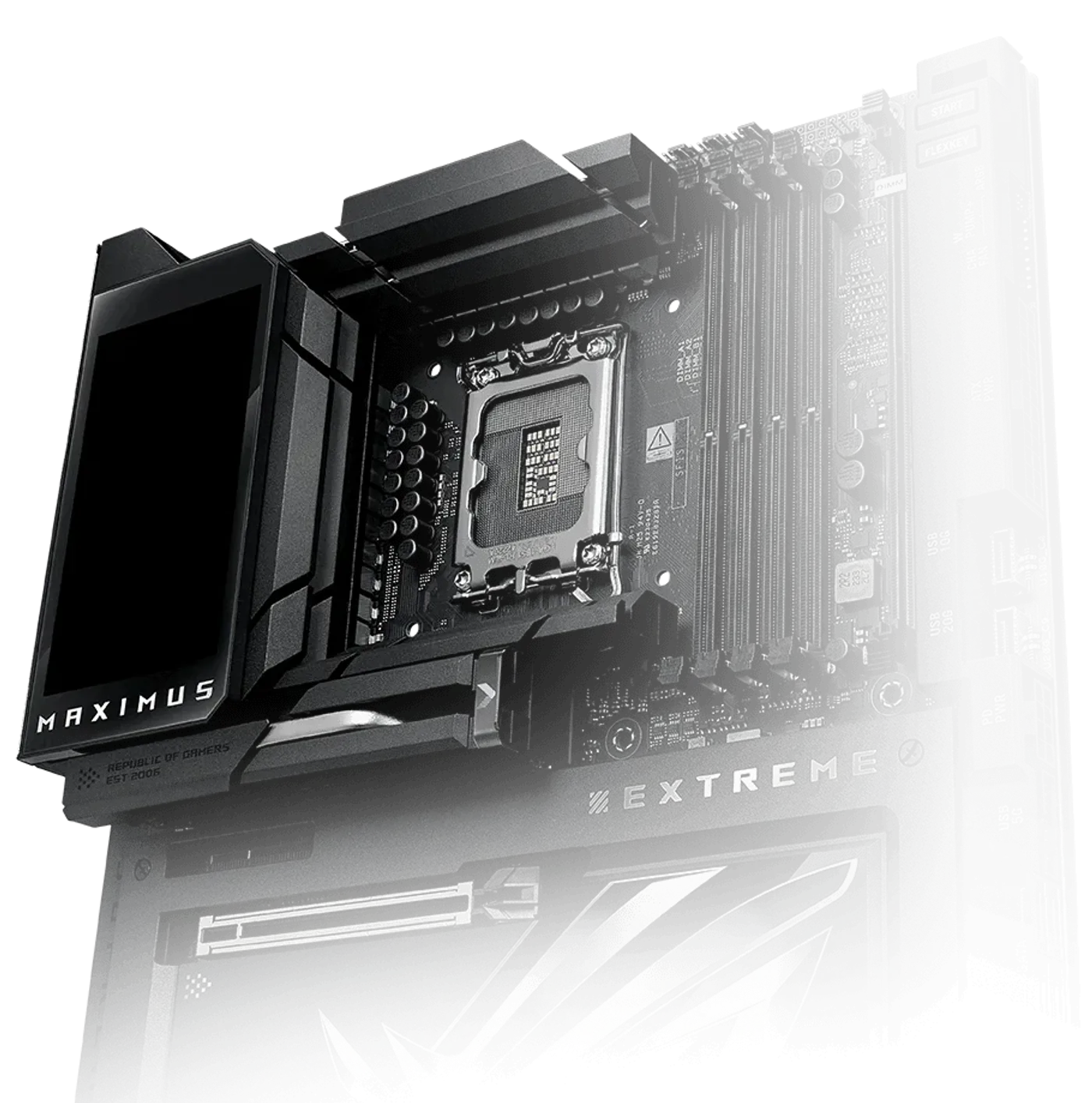 The ROG Maximus Z890 Extreme left sided angle