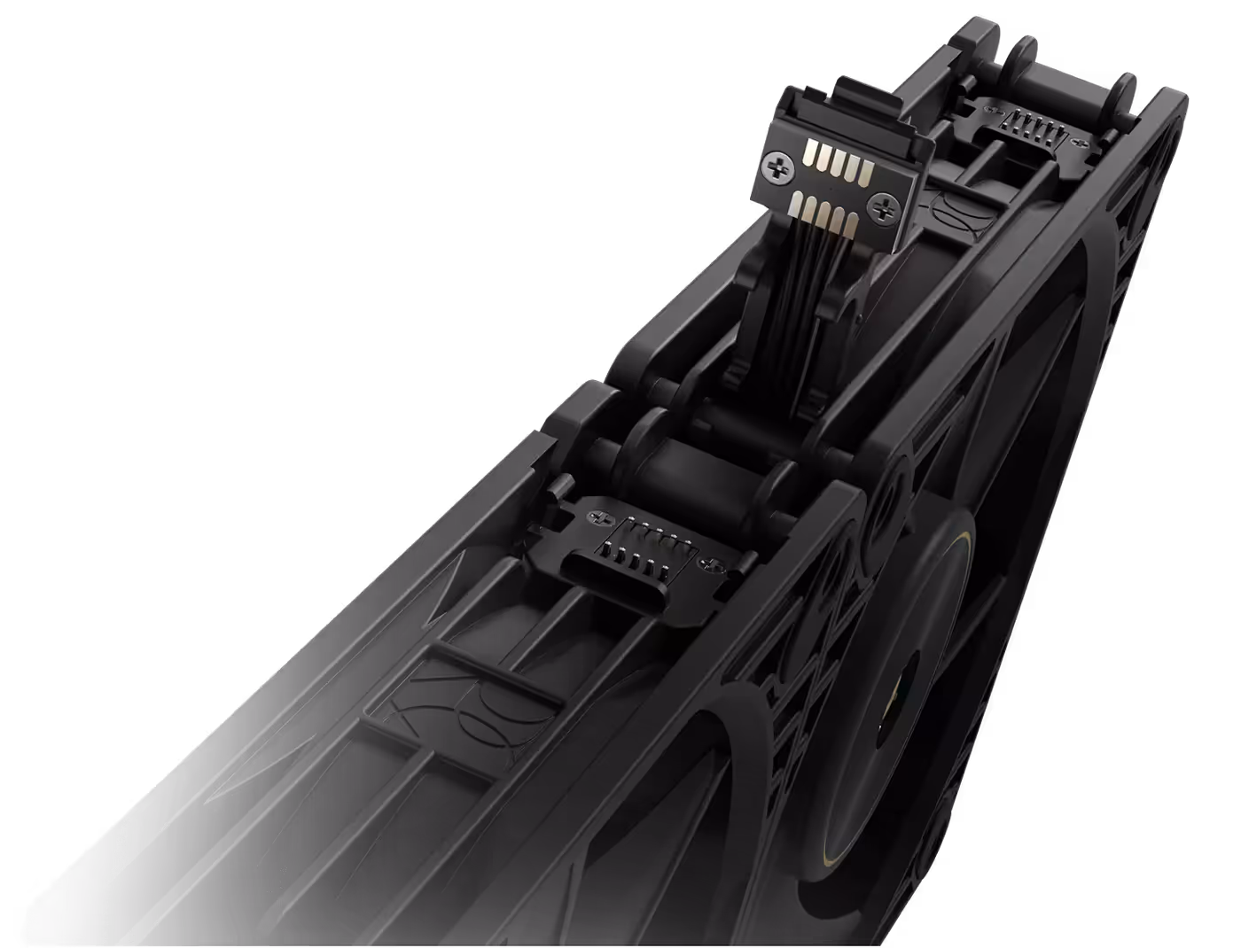 Close-up of a black ProArt PF120 fan showing its angular frame and the 28mm thickness.