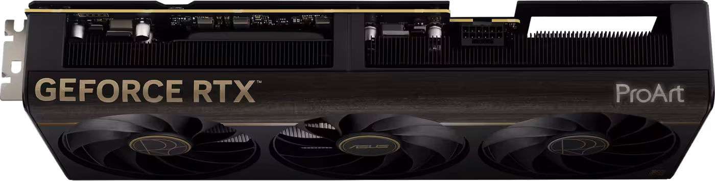 ProArt GeForce RTX 5080 card, angled top down view showing slot design with lighting