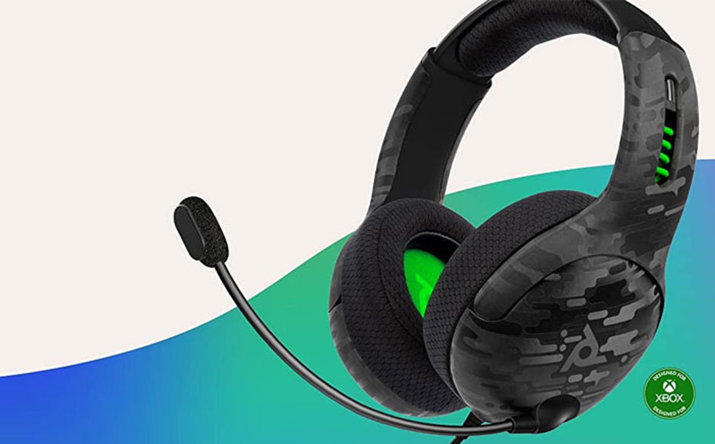 PDP Gaming LVL50 wired headset in Black Camo shown from the side